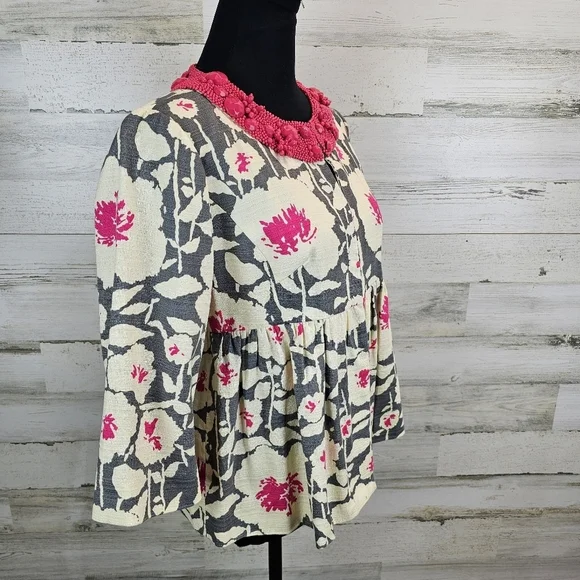 Nanette Lepore Floral Beaded Neck Peplum Blazer Sz 6 Barbie Pink Gray Coquette - Picture 5 of 16